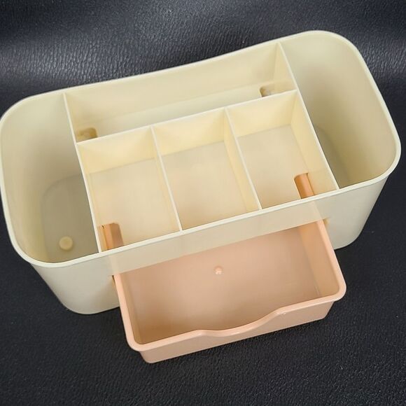 Makeup Organizer Tan Plastic Cosmetic Compartment Storage Box Pink Drawer - Picture 7 of 8